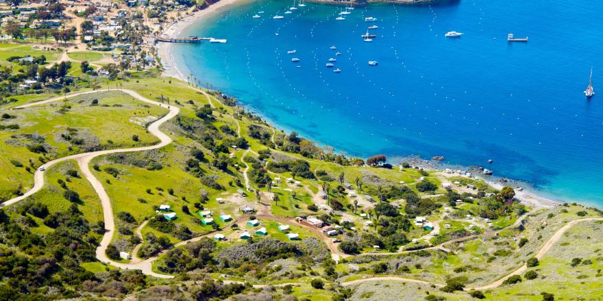 Aerial view of campgrounds on the isthmus of Catalina Island